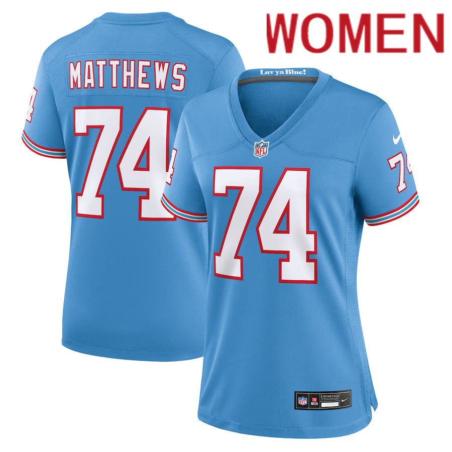 Women Tennessee Titans #74 Bruce Matthews Nike Light Blue Oilers Throwback Retired Player Game NFL Jersey->women nfl jersey->Women Jersey